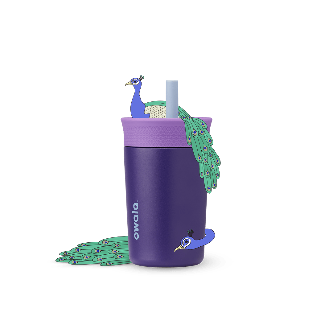Full profile shot of the 12oz Kids' Tumbler 'Peacock Palace,' featuring two cartoon peacocks on top and at the base.
