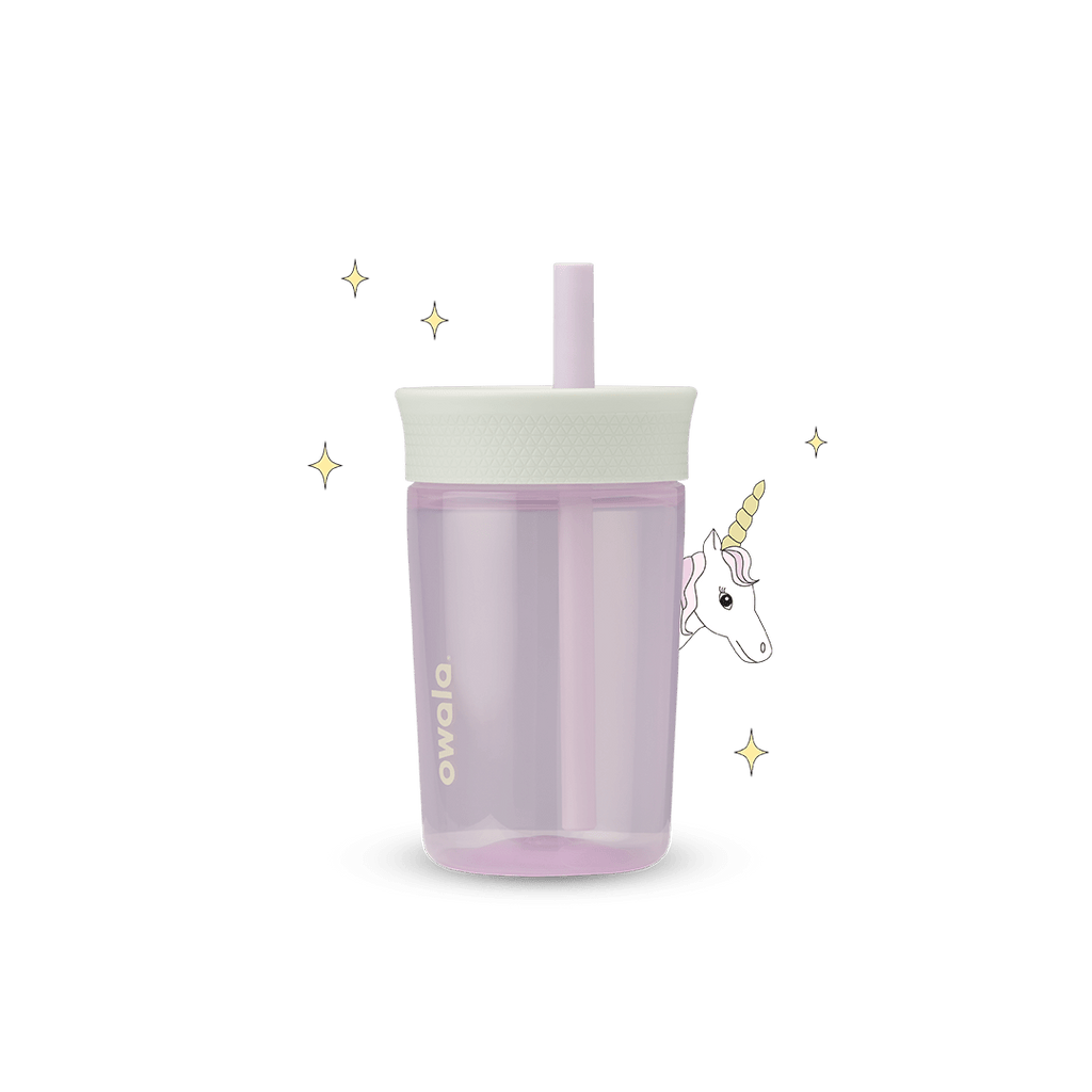 Full profile shot of the 15oz Plastic Tumbler 'Unicorn,' with a unicorn peeking its head from behind.